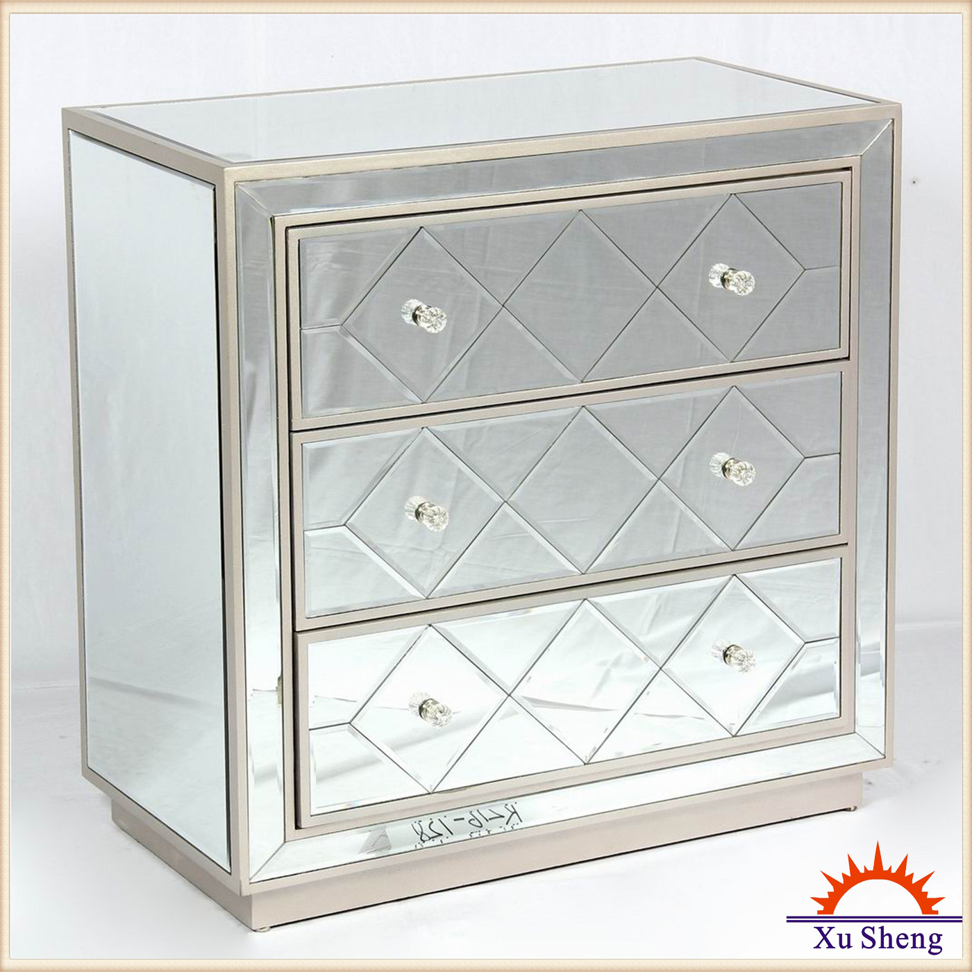 3-Drawer Large Mirror Storage Cabinet with Champagne Wood Frame