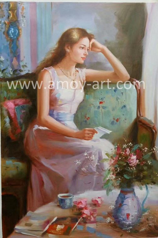Impressive Lady Sitting on Sofa Oil Painting Canvas Art