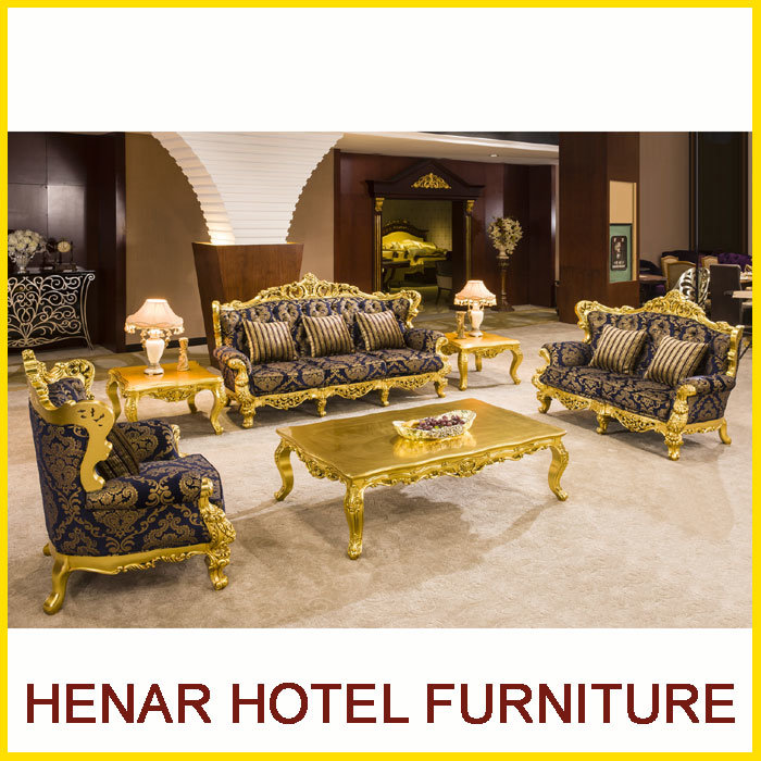 Royal Gold Wood Living Room Furniture Sofa Set for Hotel Lobby