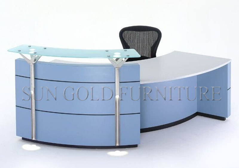 Hot Sale Blue Curved Glass Trestle Office Front Desk, Reception Desk (SZ-RT044)