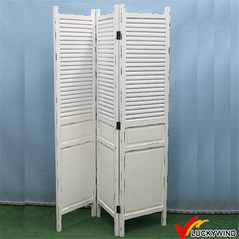 Shabby Chic Vintage Antique White Folding Solid Wood Screen Room Divider