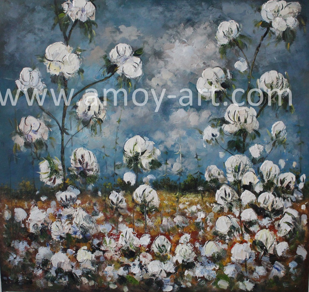 Handmade Farm Canvas Art Cotton Field Palette Knife Oil Paintings with Textural Effect for Home Decor