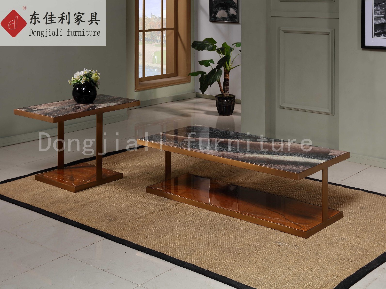 Square Coffee Table with Nature Marble Top and Stainless Steel Leg