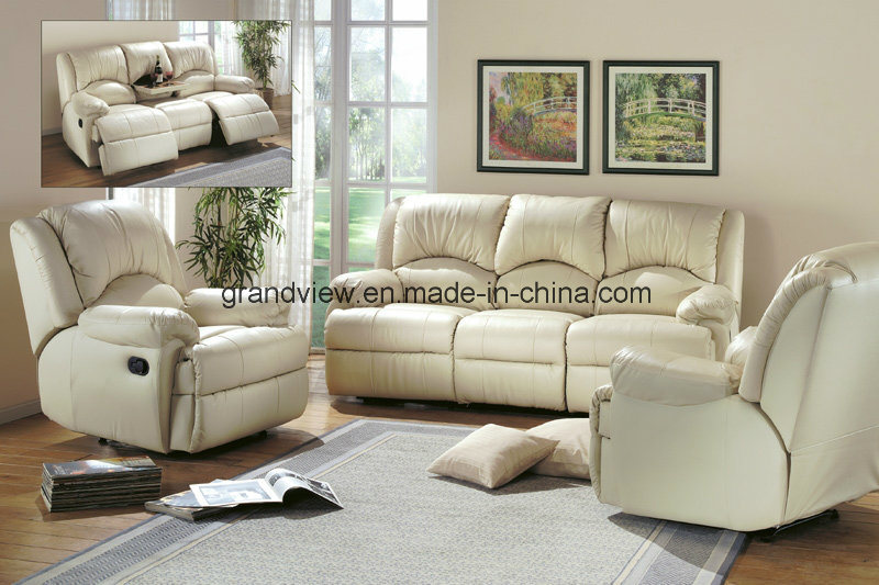 Lifestyle Real Top Leather Sofa, Loveseat, Chair with Drop Down Table, 5 Recliners