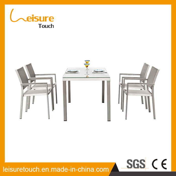 Rural Style Four People Brushed Aluminum Grey Textilene Tempered Glass Chair Table Set