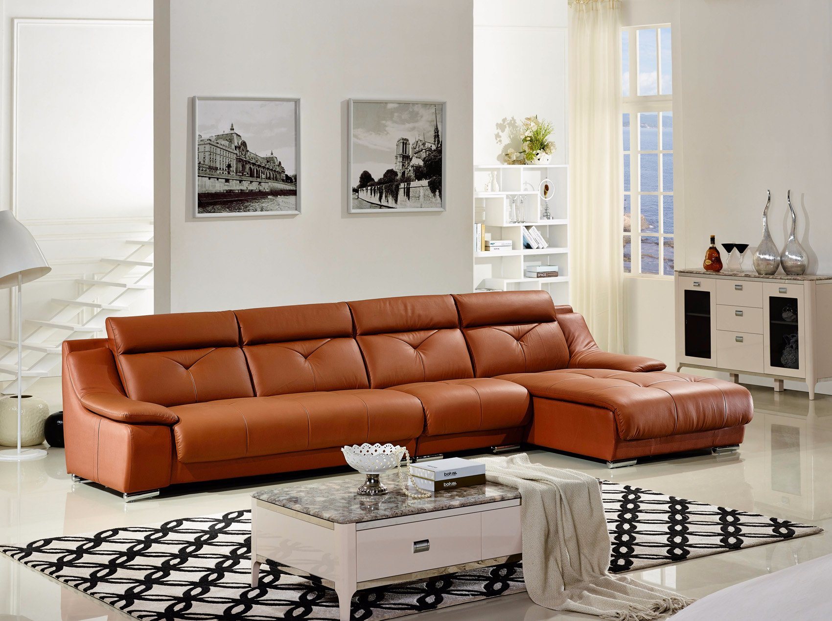 Simple Design L Shape Leather Sofa with Chaise