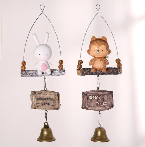 Zakka Cartoon Fox and Rabbit Creative Wind Chime Bell Hanging Ornament for Outdoor Car Home Gifts Crafts Decoration
