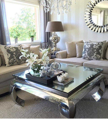 Modern Mirrored Glass Top Square Rectangle Opium Coffee Table Stainless Steel