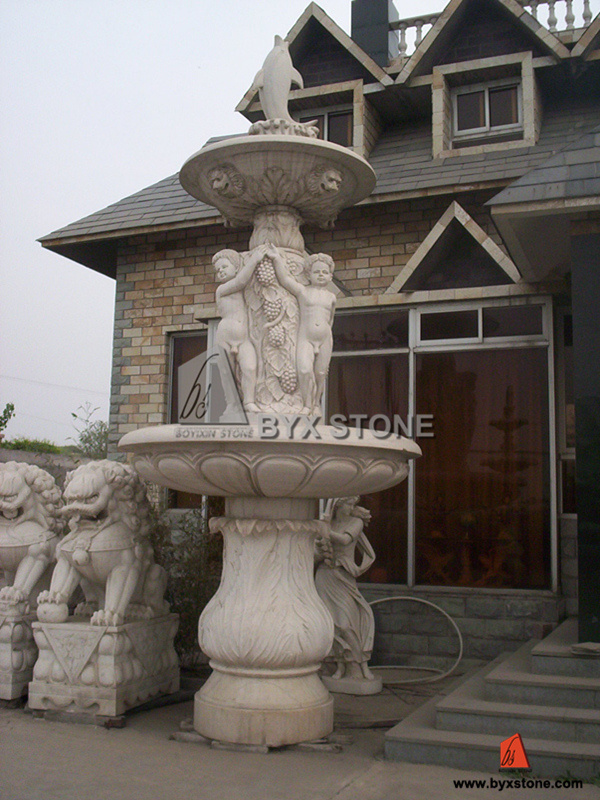 White Marble Water Fountain with Dolphin Sculpture for Outdoor Decoration