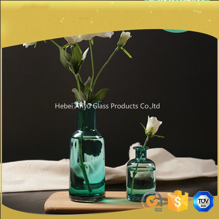 Wide Mouth Blue Glass Vase for Home Decoration with Flower