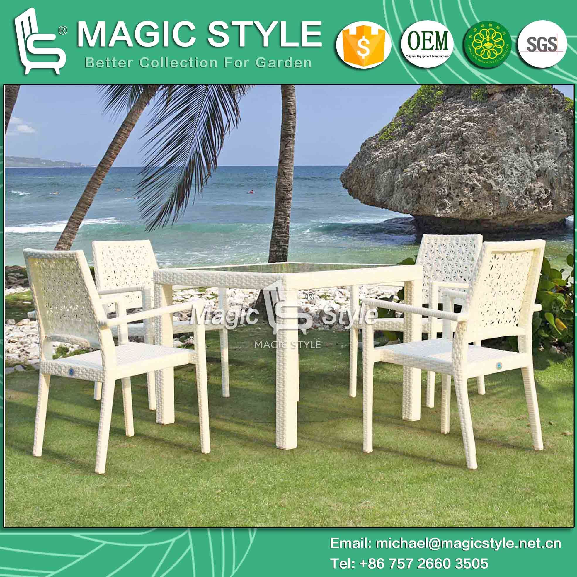 Rattan Dining Set Flower Weaving Chair Dining Table Stackable Chair (Magic Style)