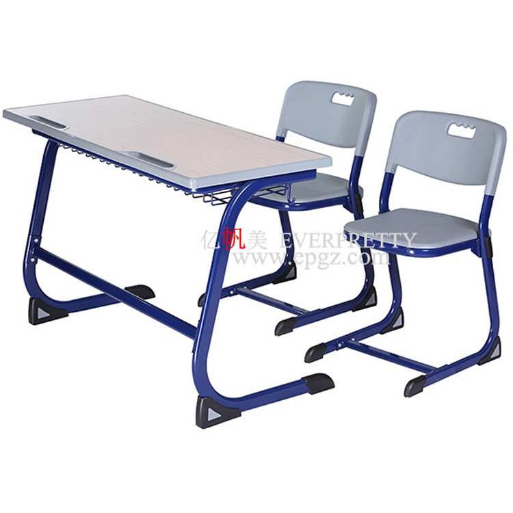 Attached Ducation Double Seats Study Table and Bench, Ooden Classroom Desk with Bookcase
