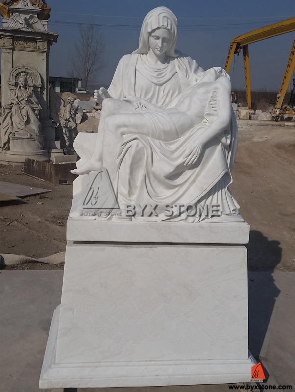 White Marble Stone Pieta Maria Holding Jesus Carving Monument