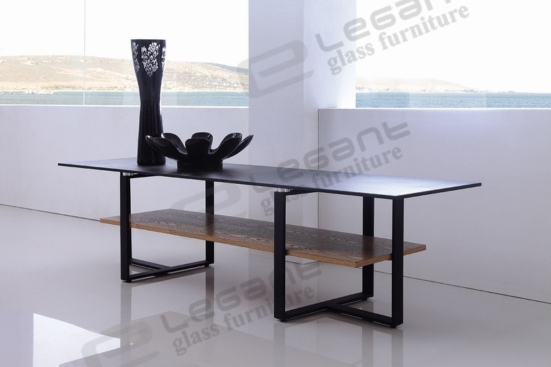 Stone Painting Glass TV Stand with Black Powder Iron Frame