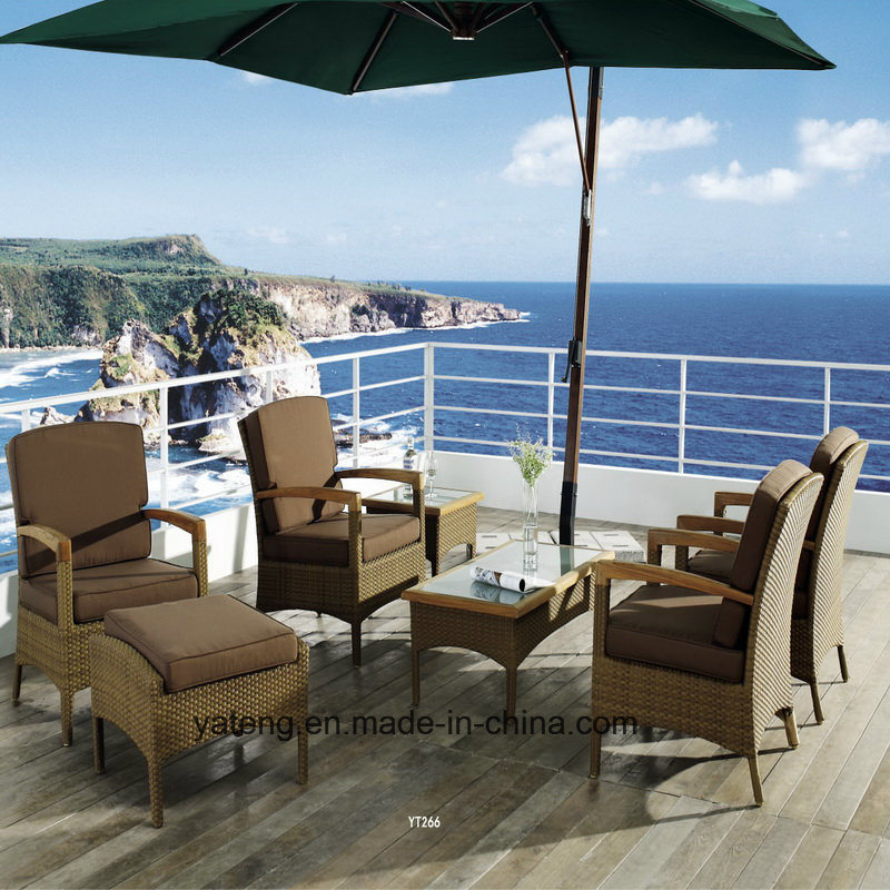 Glassic Design Wicker +Teak Outdoor Garden Patio Dining Balcony Set with Coffee & Side Table and Chairs (YT266)