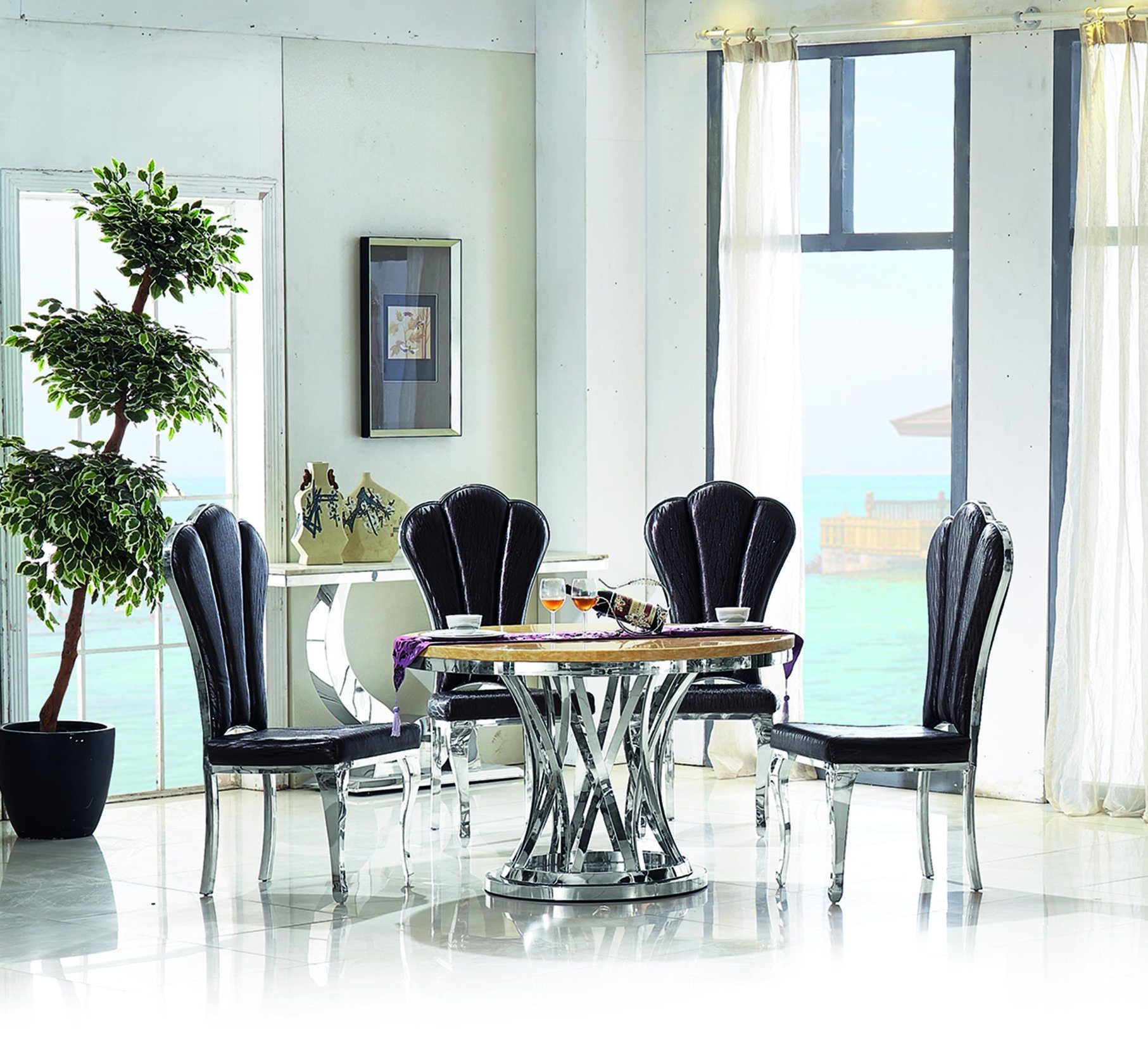 6 Person Marble or Tempered Glass or Wood Top Stainless Steel Base Round Dining Table