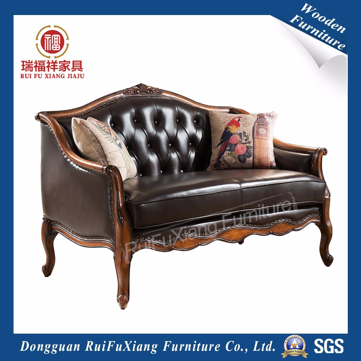 N311 Ruifuxiang Living Room Furniture Leather Sofa with Birch Frame