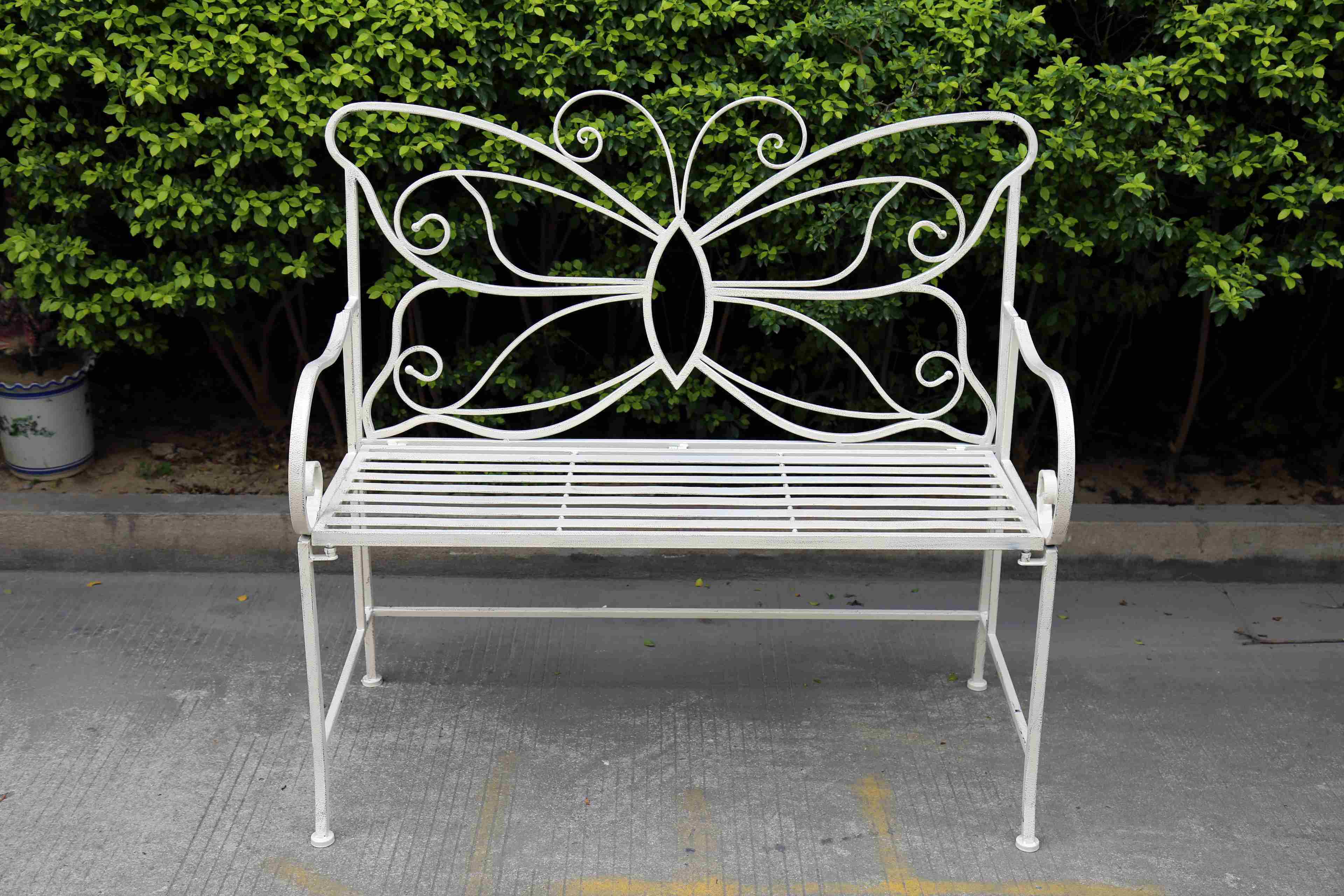 Butterfly Metal Bench in Antique White Color