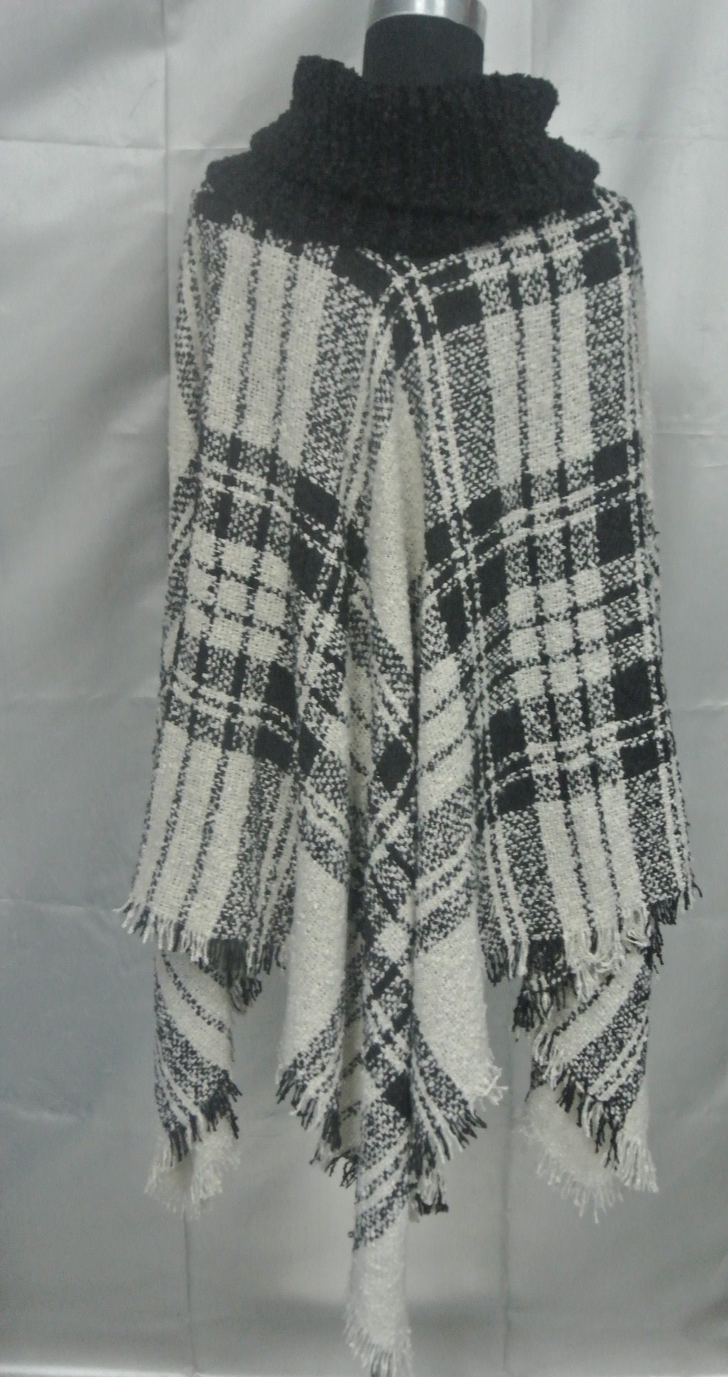 Boucle Yarn Woven Poncho with Over-Sized Plaid and Knit Turtle Neck