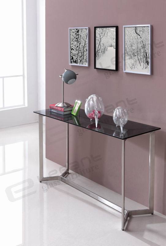 Grey Tempered Glass Console Table with Brushed Stainless Steel Legs