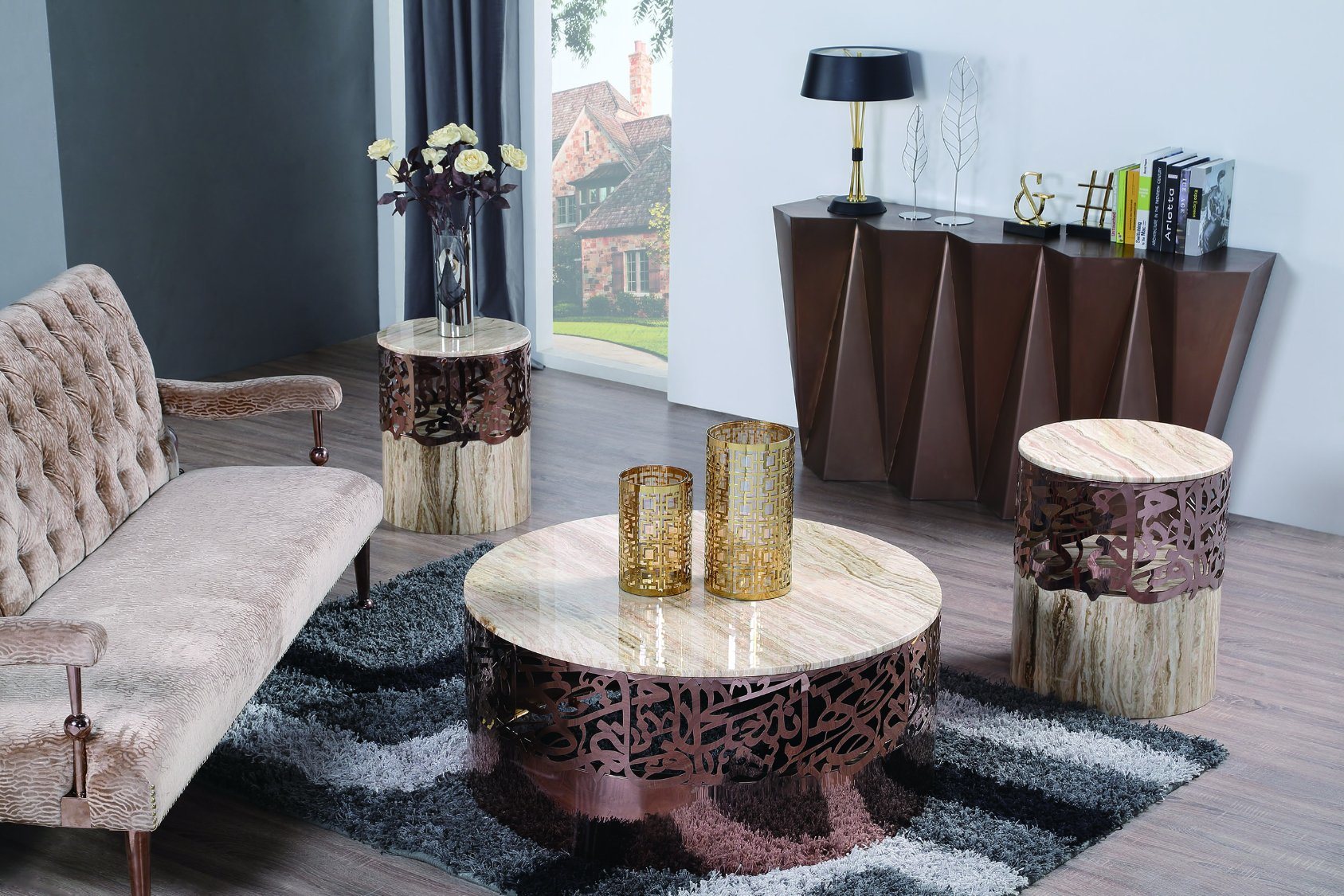 Rose Gold Stainless Steel Coffee Table with Marble Top