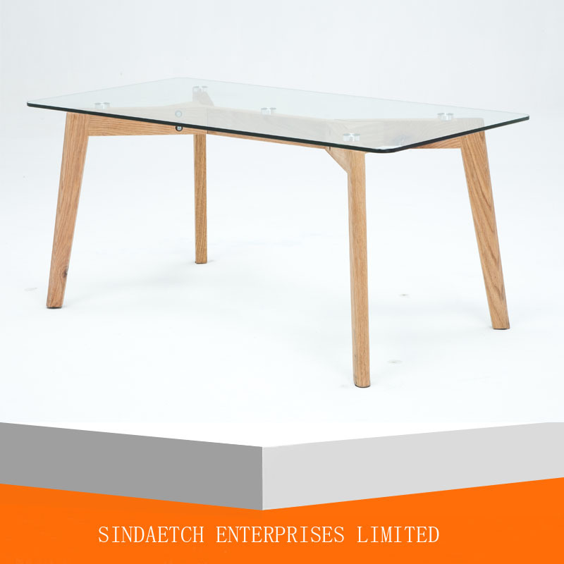 Tea Table with Square Tempered Glass and Soild Wood Legs