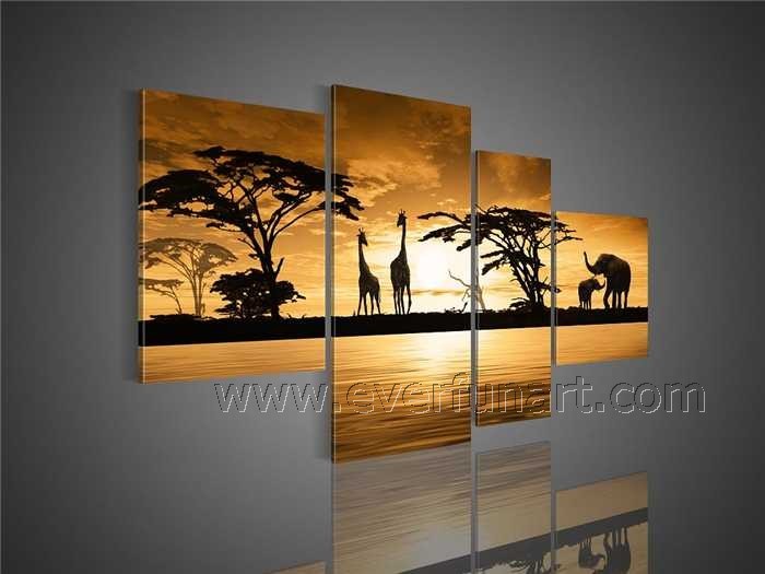 Hand-Painted Framed African Giraffe Group Landscape Oil Painting for Home Decoration (AR-095)