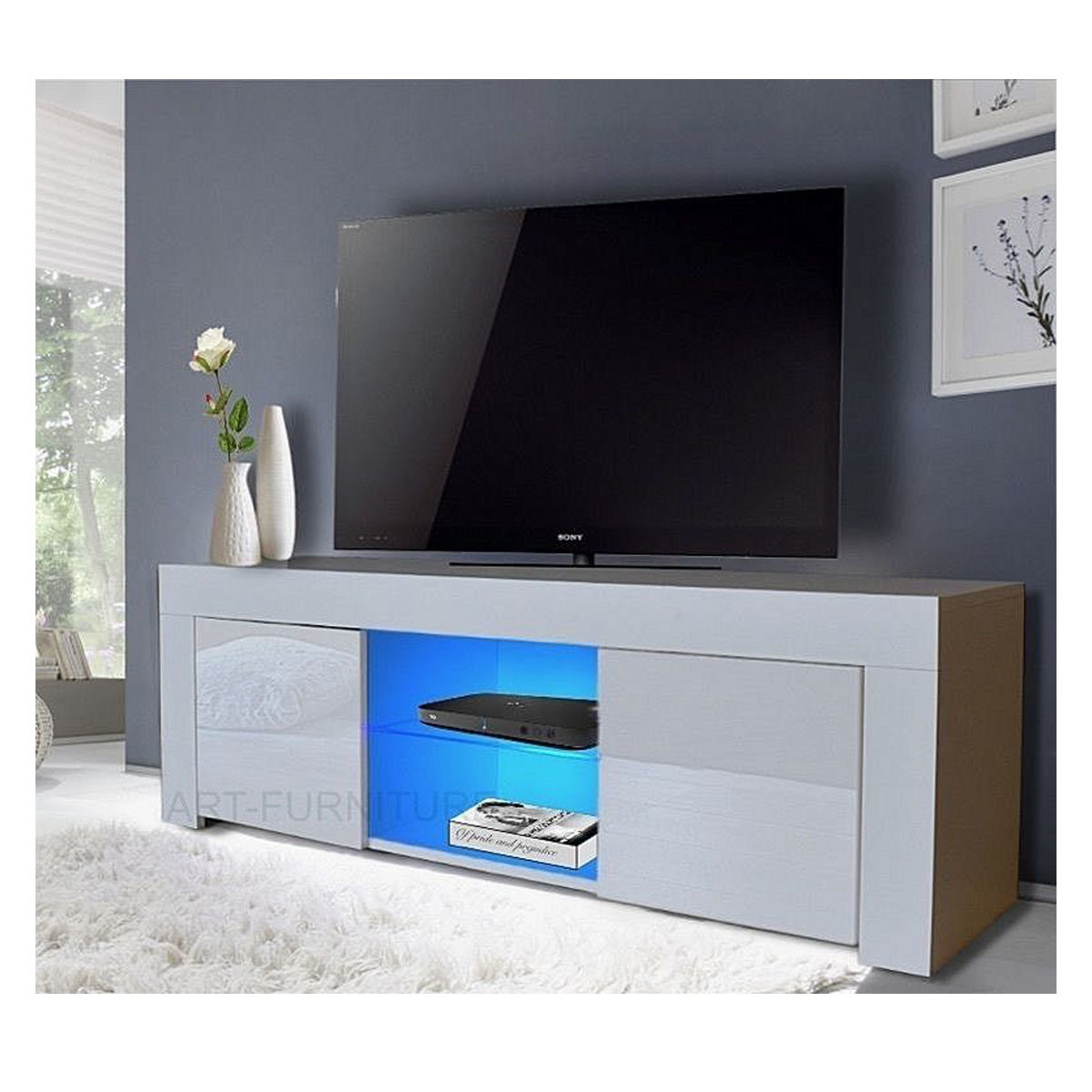 High Gloss Drawer Shelf LED Lighting TV Stand Unit