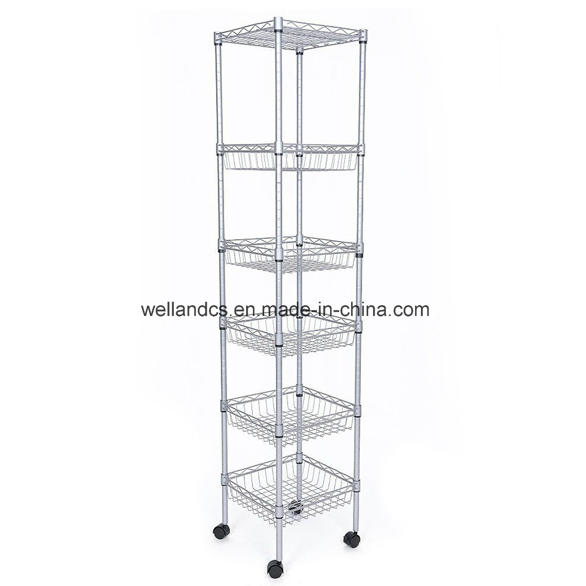 Silver Epoxy Coated Sturdy 6 Tier DIY Home Kitchen Storage Rack Shelf with Basket