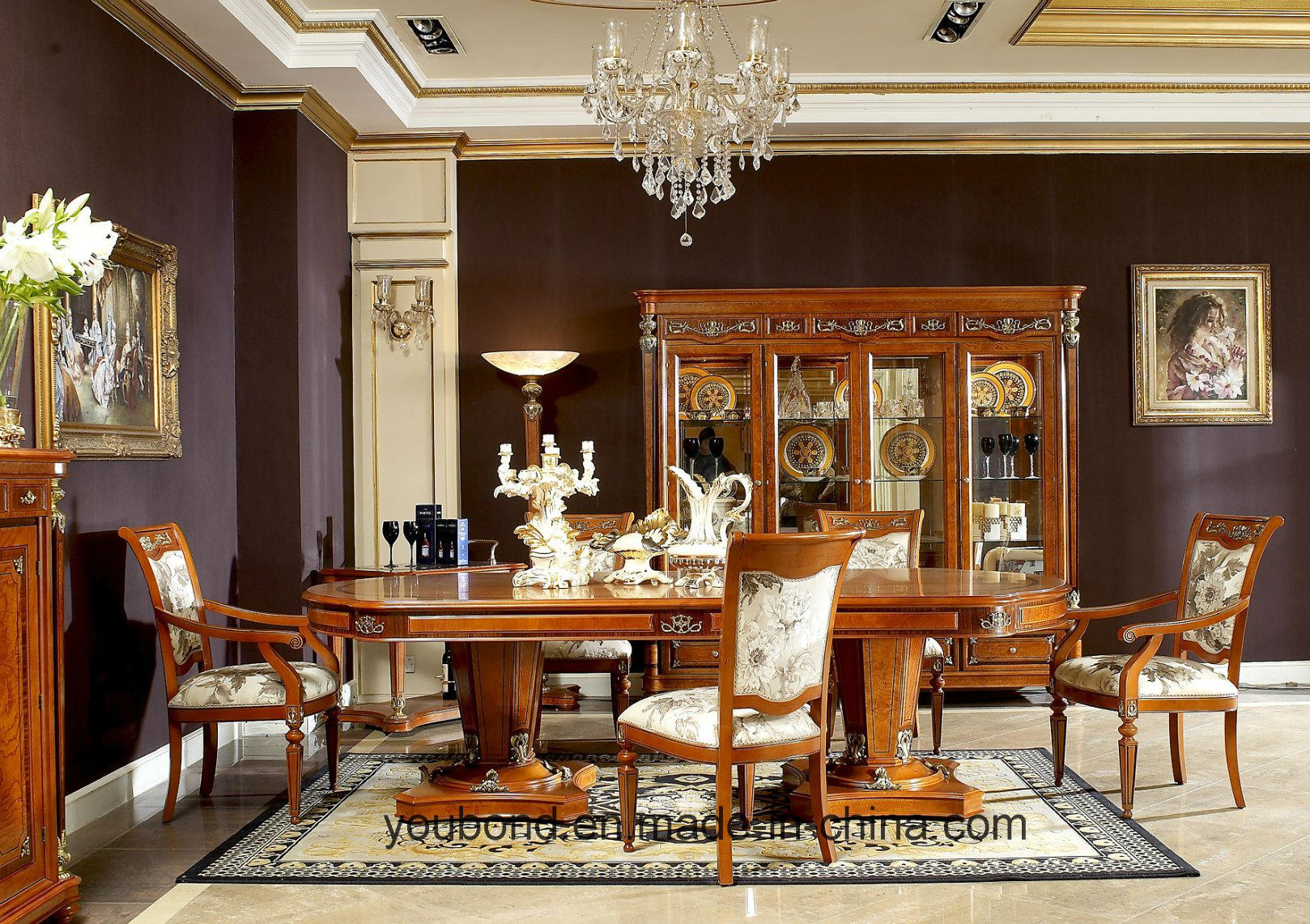 0029 Italian Royal Wooden Furniture Style Luxury Brass Decoration Dining Table