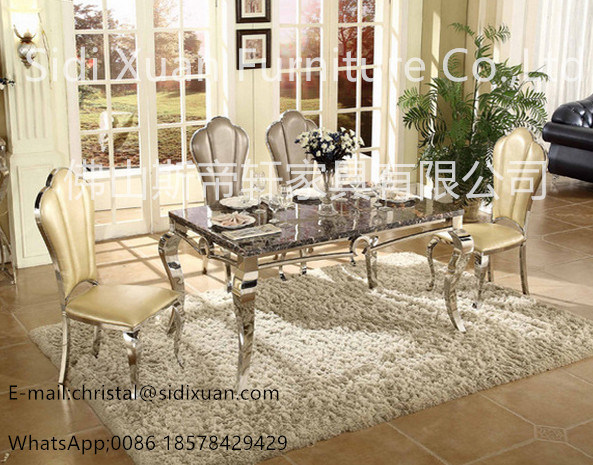 Marble Top Stainless Steel Dining Table Silver Design Modern Perfect View Pattern Carpet Furniture Home Set