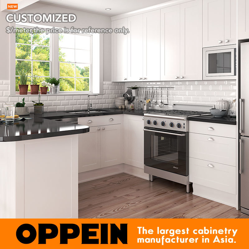 Oppein American Style White Wood Shaker Cabinets Small U-Shaped PVC Kitchen Cabinet (OP17-PVC06)