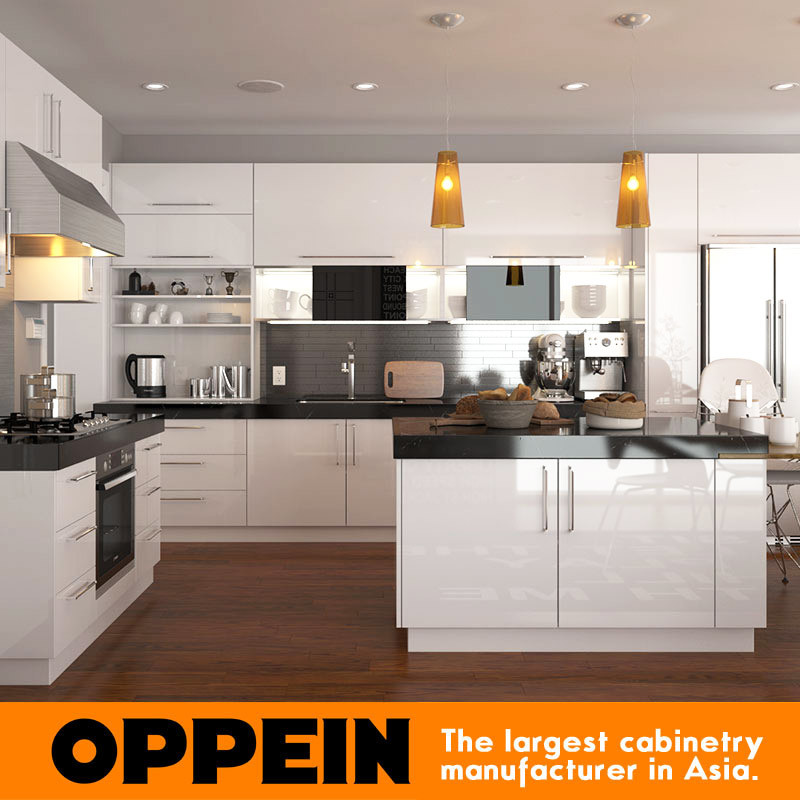 Oppein Manufacturer White L Shaped Lacquer Wood Kitchen Cabinets (OP15-L24)