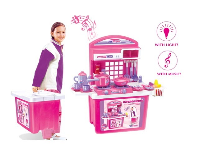 Children Pink Play Toy Kitchen Cabinet Pot Pan Utensils with Light & Sound