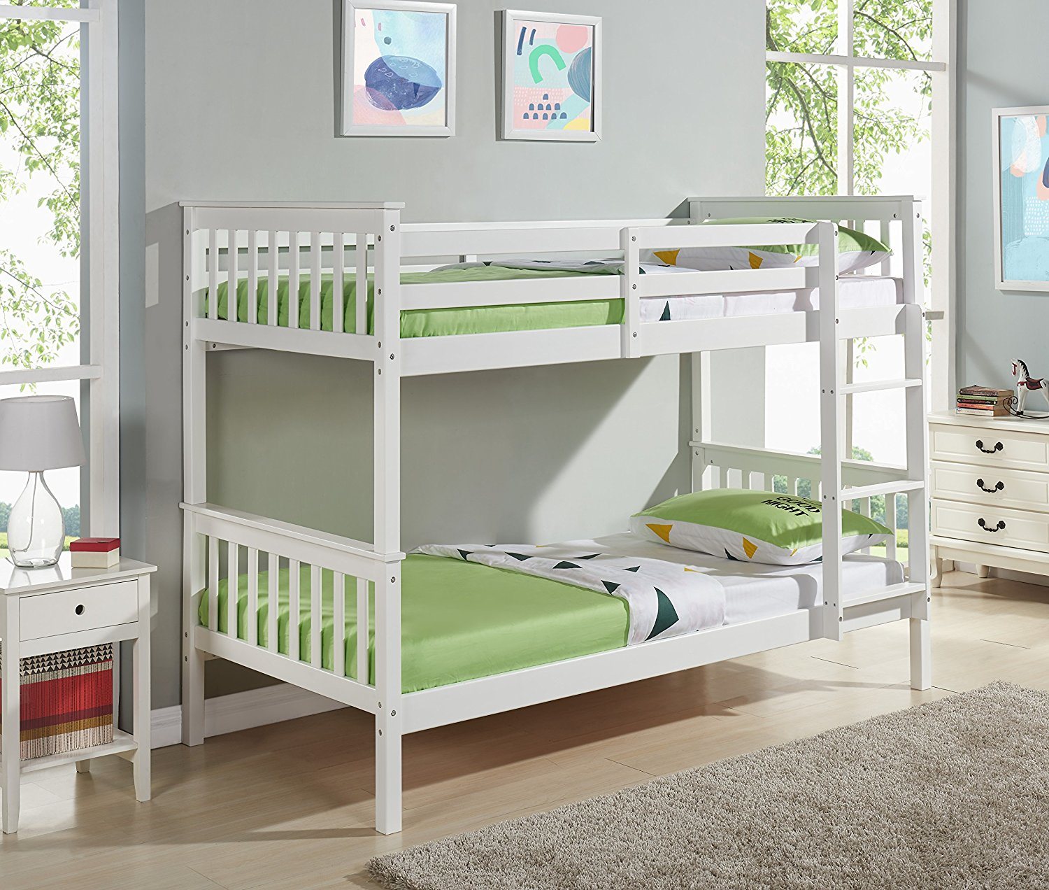 Home Furniture Solid Pine Wood Bunk Bed in White Color for Children