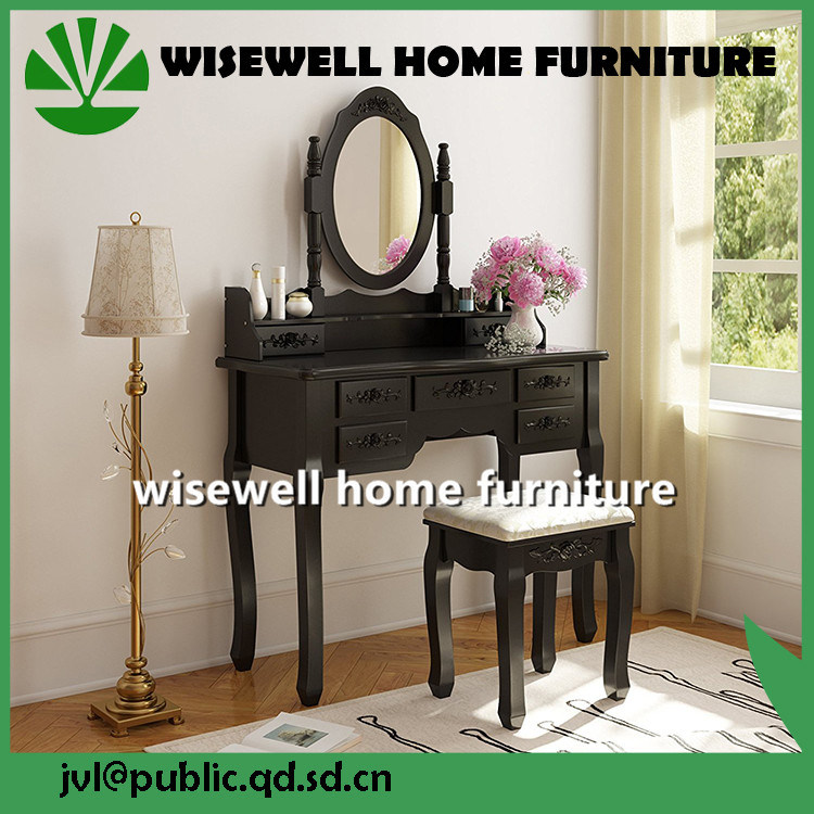 Black Color Wood Dressing Table with Mirror and Stool