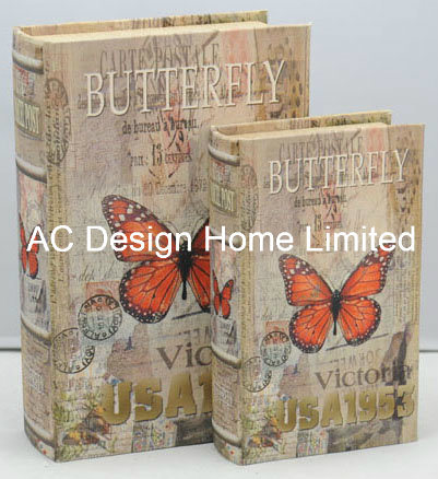 S/2 Elegant Butterfly Design Canvas/MDF Wooden Printing Storage Book Box
