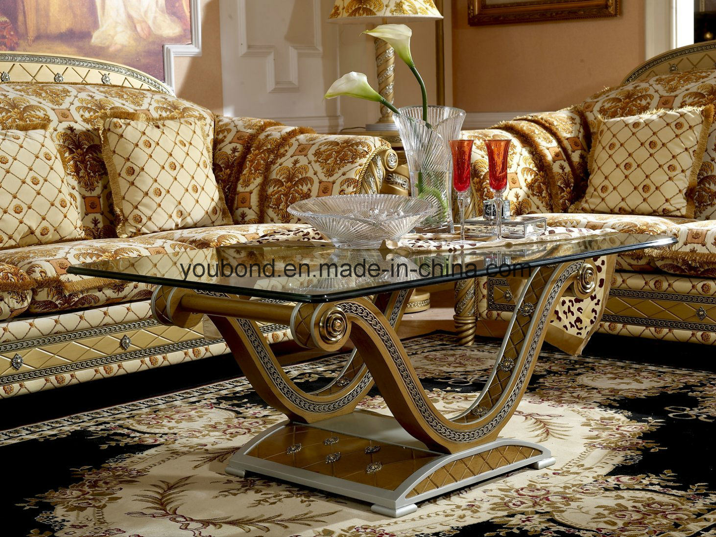 0016 Golden Color Hand Carved Classical Coffee Table