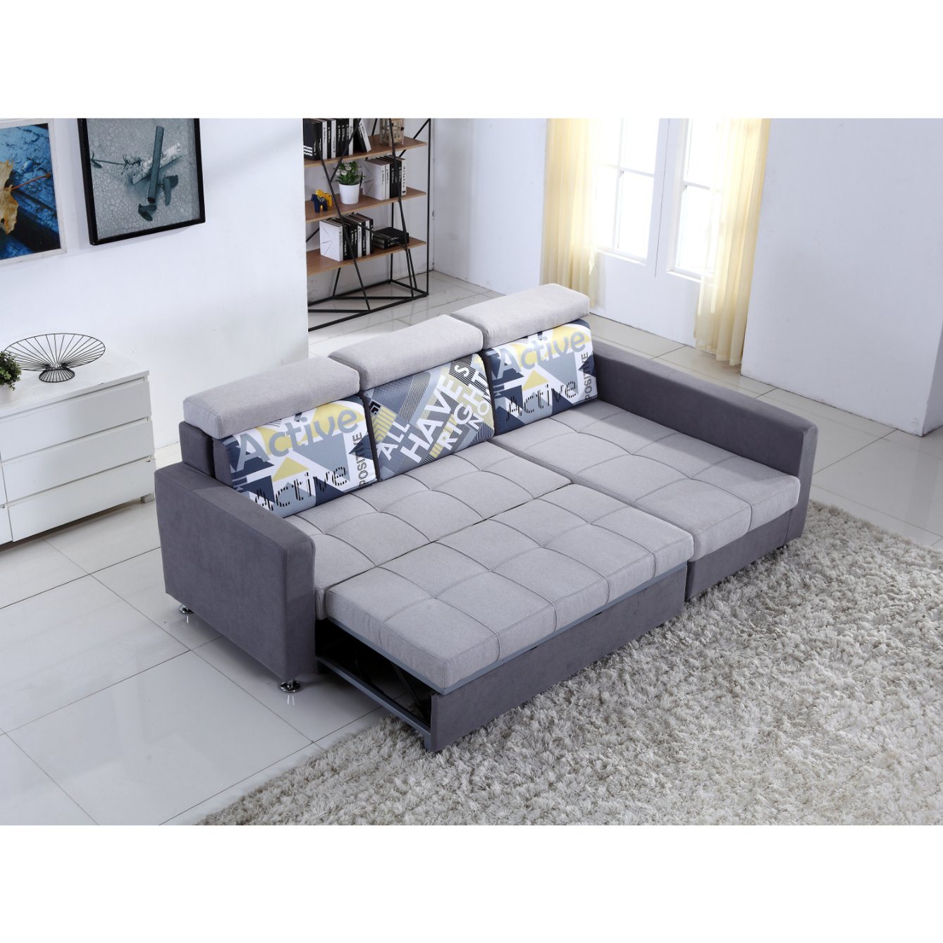 Small L Shaped Fabric Sofa with Sofa Bed Function