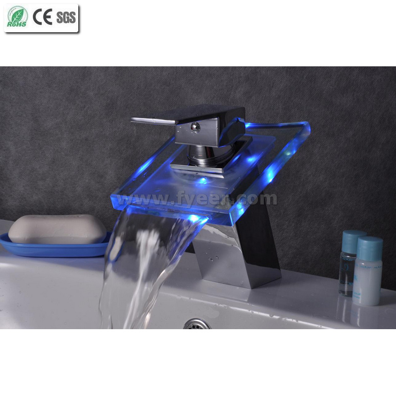 Glass Waterfall Color Water Tap Mixer LED Basin Faucet (QH0815F)