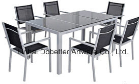 Alum Textilene Garden Set: Sling Stackable Chair +Glass Table
