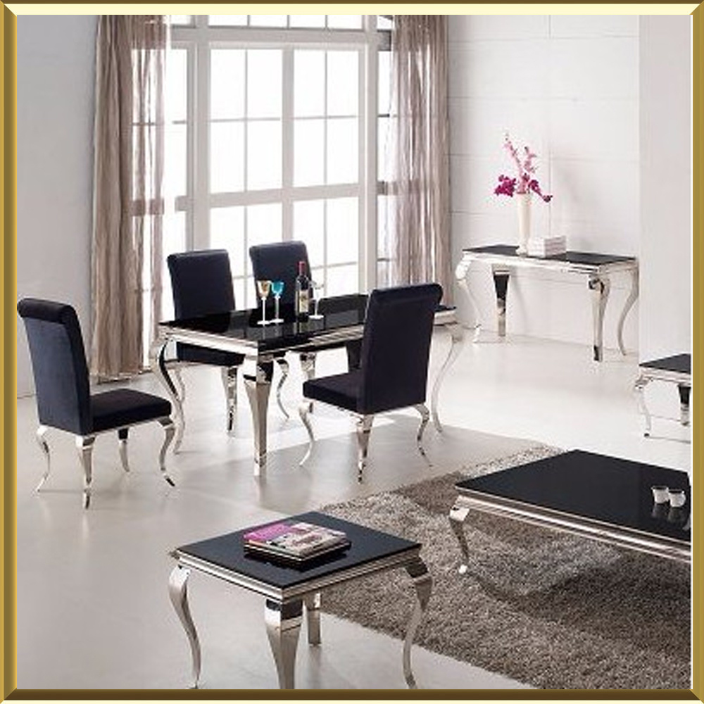 Modern French Classic Dining Room Black White Glass Chrome Silver Louis Dining Table Stainless Steel and Velvet Fabric Dining Chairs Silver