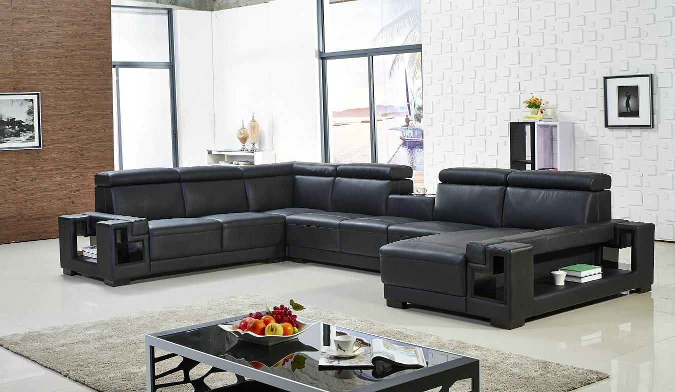 Modern Living Room Wood Frame Big Leather Sofa (D1001)