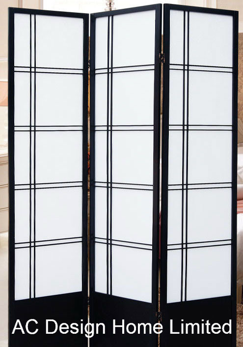 Black Color Restaurant Rice Paper Non-Woven and Wooden Japanese Style Folding Shoji Screen Room Divider X 3 Panel