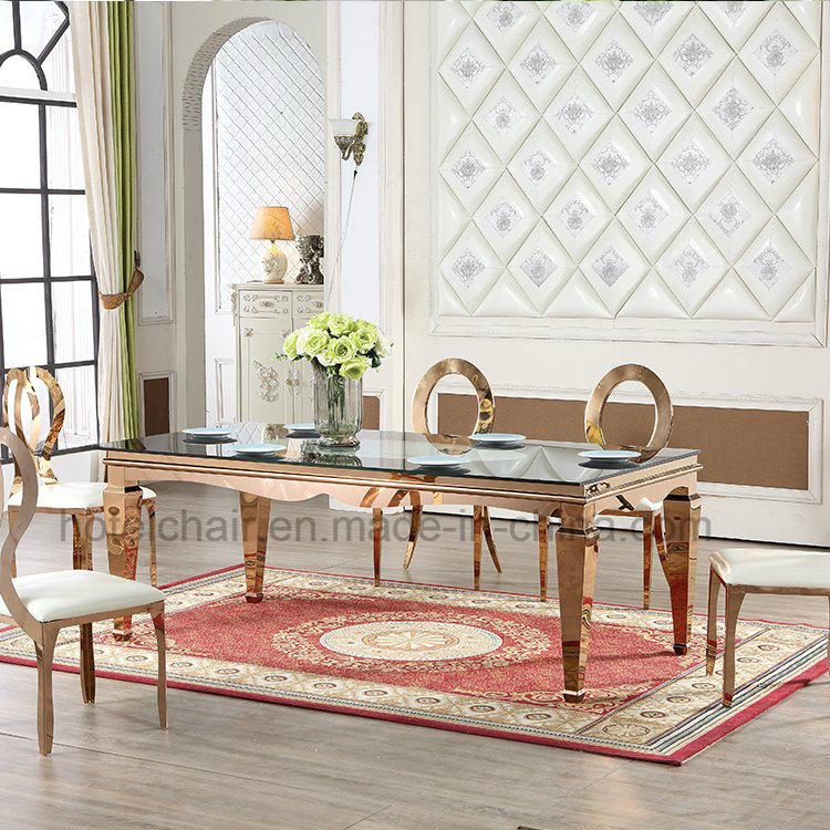 Luxurious Royal Style Adjustable Golden Stainless Steel Square Glass Dining Table for Weddings