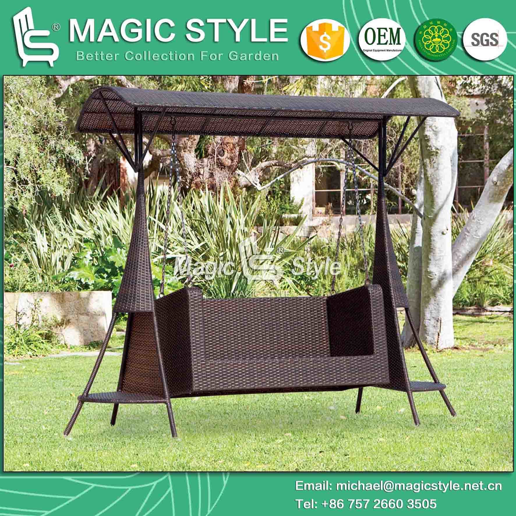 Outdoor Rattan Double Swing Synthetic Wicker 2-Seater Hammock with Roof (Magic Style)