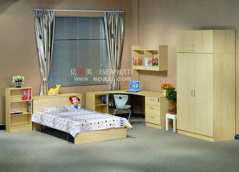 Modern Metal Frame Hostel Bed with Night Stand and Wardrobe Cabinets and Desk Chair Set Furniture