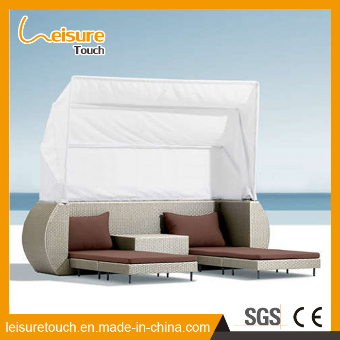 Outdoor Patio Beach Furniture Sunbed Daybed Rattan Deck Chair Lying Bed with Tent