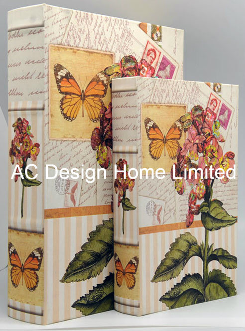 S/2 Beautiful Butterfly Design Canvas/MDF Wooden Printing Storage Book Box