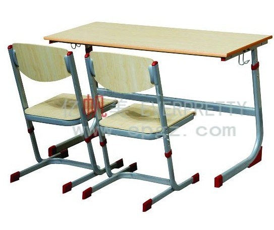 High School Student Two Seats Wooden Steel Desk and Chair